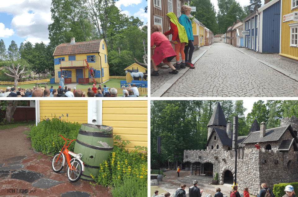 Astrid Lindgrens Värld: links oben: Villa Villekulla, rechts oben: Die kleine Stadt Links unten: das Fahrrad von Lotta aus der Krachmacherstraße, rechts untern: Die Mattisburg