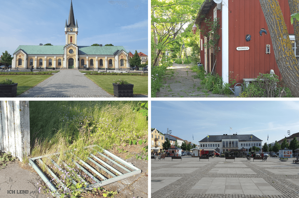 links oben: Borgholms kyrka, rechts oben: Kunsthandwerk links unten: ein pittoresquer Lostplace, rechts unten: Stortorget, der Marktplatz von Borgholm mit dem Rathaus